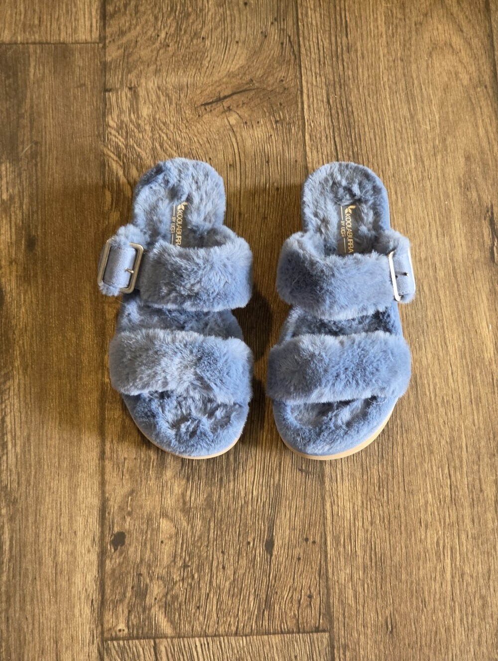Koolaburra UggPlush Fur Slide Sandals in Slate Blue